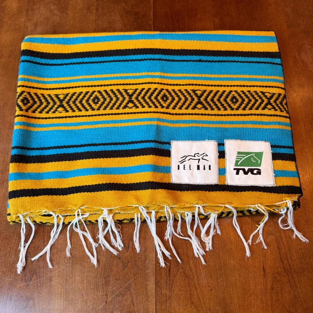 Del Mar TVG‎ Serape Blanket Turquoise Yellow Horse Racing Woven Fringe Baja